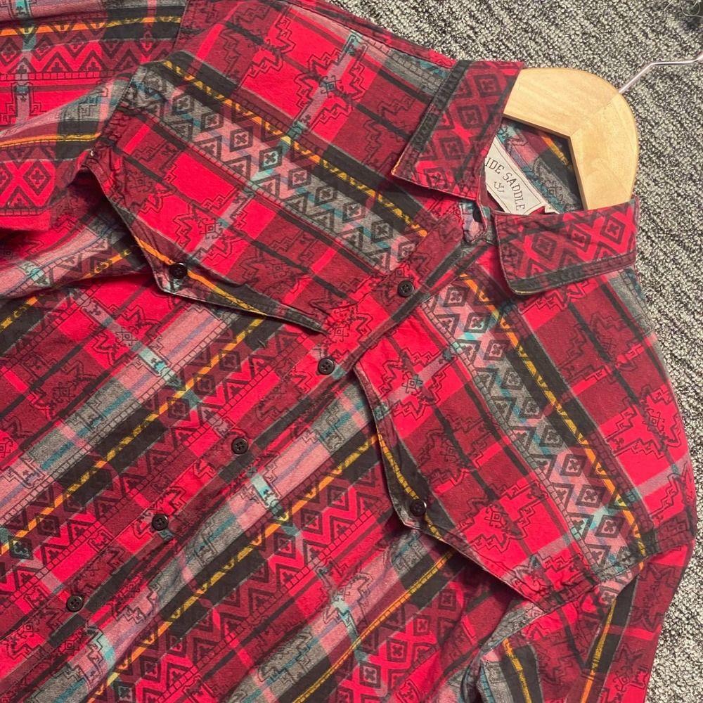 VTG Side Saddle Aztec Southwestern Plaid Button Up Shirt Womens M Red Western